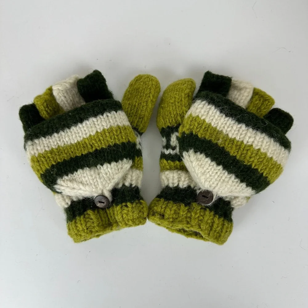 Handmade Wool Convertible Mitten Fingerless Gloves Green Striped Fleece Lined Sm